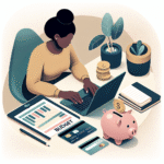 Person ved skrivebord som organiserer budsjett på laptop, kredittkort, sparebøsse og notatblokk, moderne varm fargepalett, realistisk stil