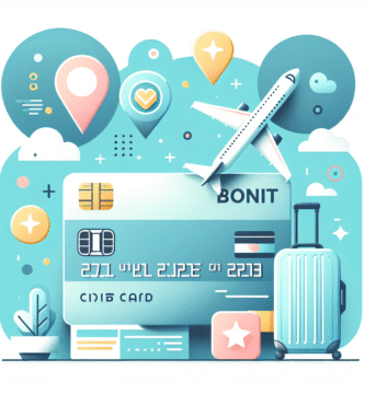 Moderne illustrasjon av kredittkort, bonuspoeng-ikoner og reiseelementer (flybillett, koffert), klar nordisk fargepalett, flat design