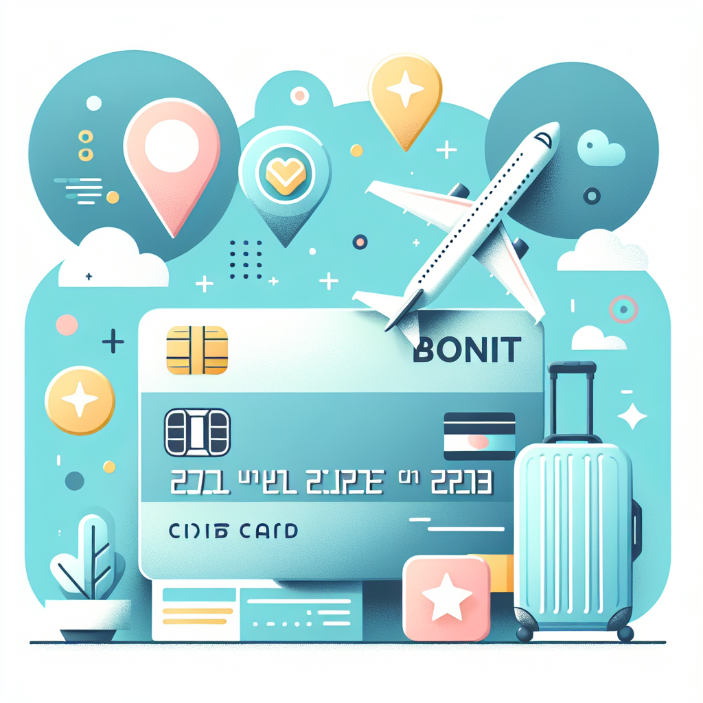 Moderne illustrasjon av kredittkort, bonuspoeng-ikoner og reiseelementer (flybillett, koffert), klar nordisk fargepalett, flat design