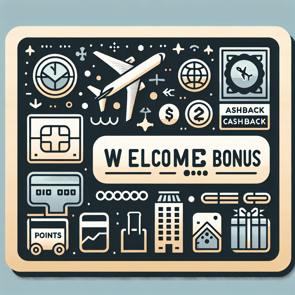 Oversiktlig og moderne illustrasjon av en velkomstbonus: et kredittkort med belønningsikoner (poeng, cashback, fly, hotell), nøytralt nordisk fargepalett, tydelig og profesjonelt