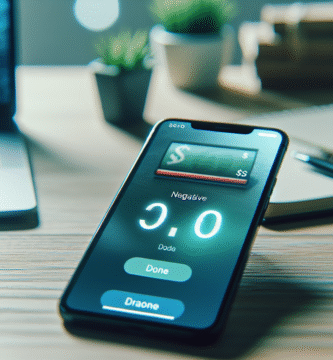 Nærbilde av en mobilbankapp som viser negativ saldo, med et rolig skrivebord i bakgrunnen, nøytrale blå og grønne fargetoner